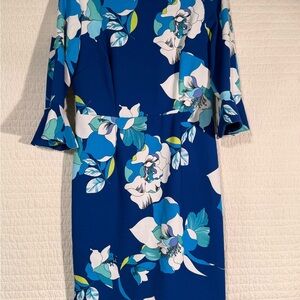 Shelby and Palmer Blue Floral Sheath Dress - White & Cobalt Blue